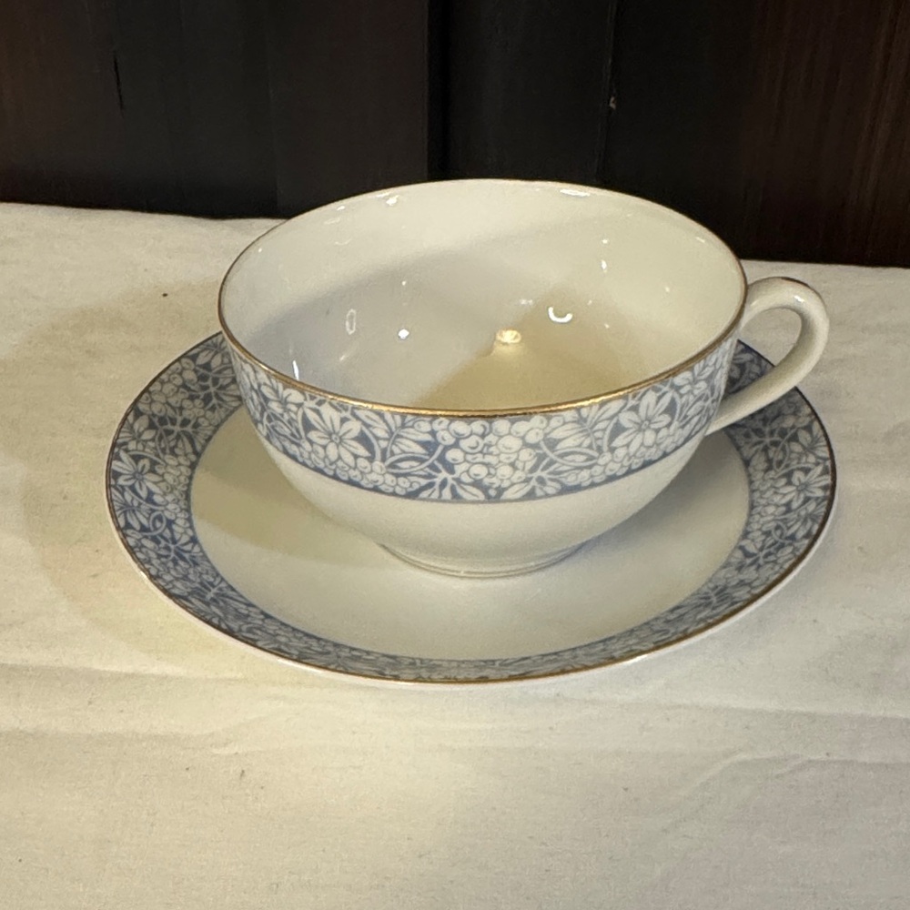 Noritake White Teacup and Base with blue Markings